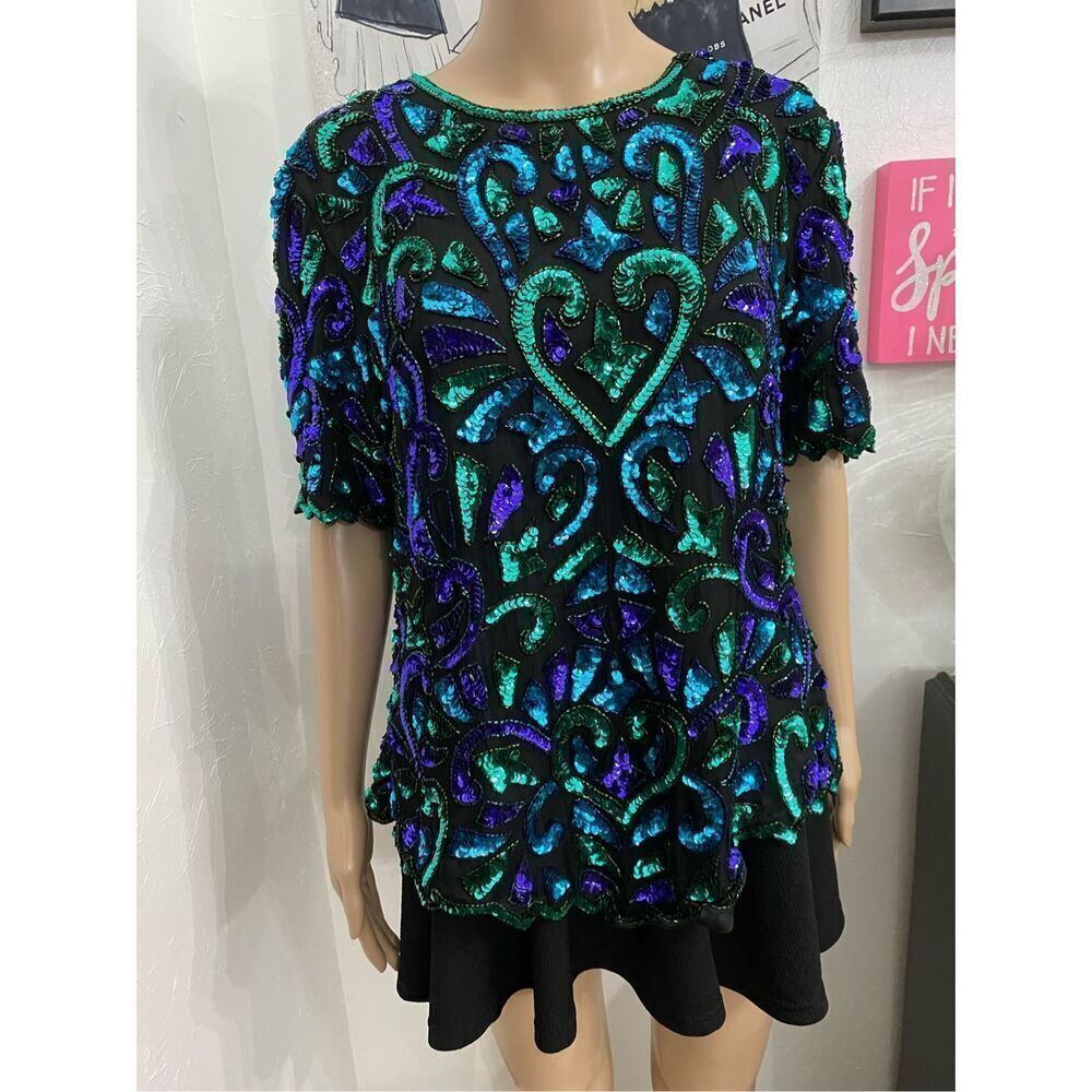 Vintage Stenay Heart Sequin Blouse Top Sz Large
